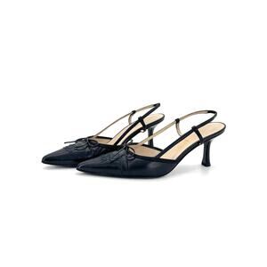 Vintage Chanel CC Logo Bow Black Leather Slingback Pointed Toe Pumps 38.5EU